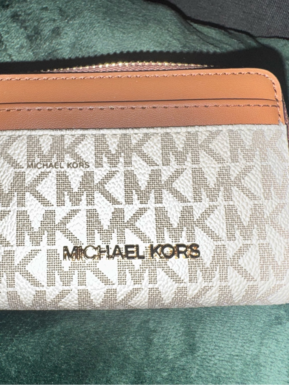 Michael Kors Beige Signature and Tan Leather Card Holder